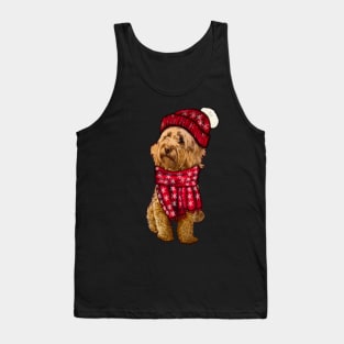 Cavapoo Cavoodle in festive red winter hat and scarf- cute cavalier king charles spaniel snug in a snowflake themed scarf Tank Top